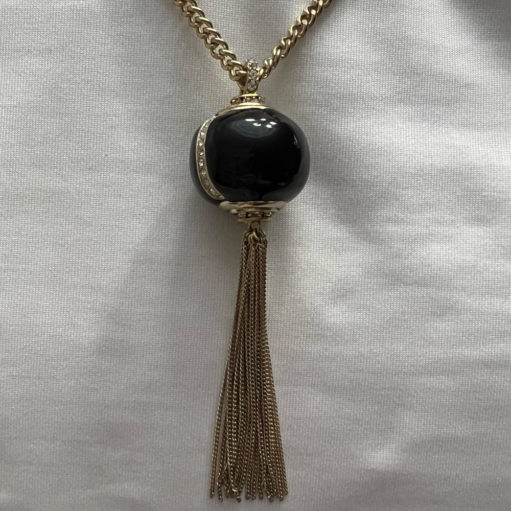 Long Goldtone Necklace with Black Round Pendant & Gold Tassel - Picture 2 of 4